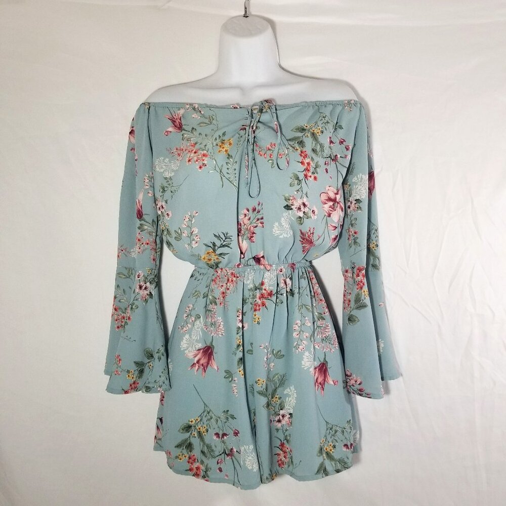 Rue21 XS Off-Shoulder Romper Teal Blue Floral Pink Green 3/4 Bell Sleeves
